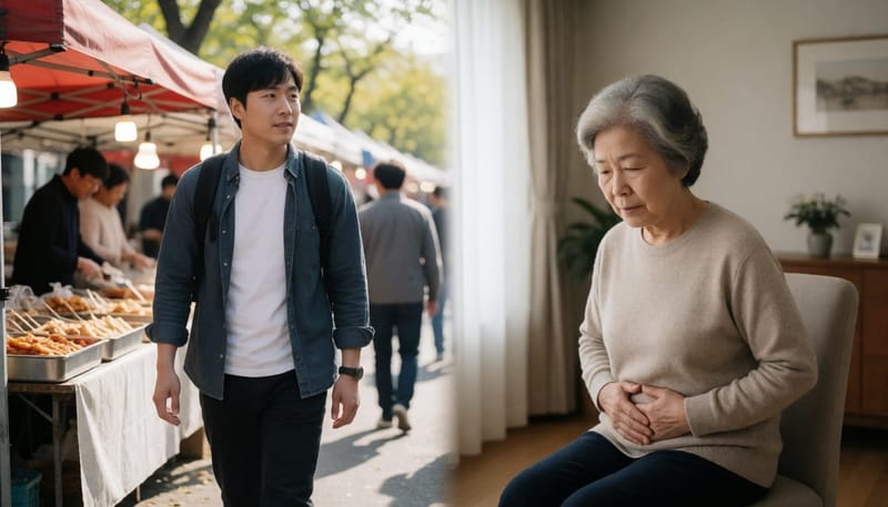 20대 배낭여행자와 70대 어르신이 대비되는 모습