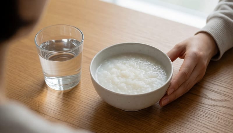 물과 죽이 함께 놓인 식탁을 내려다본 장면