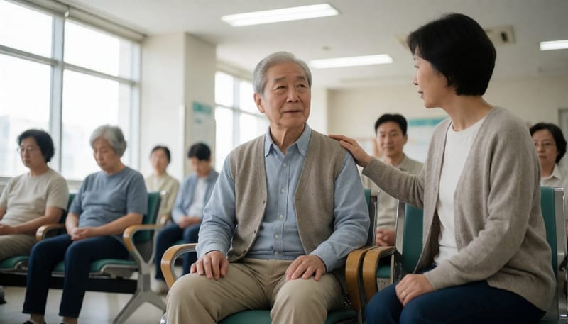 병원 대기실에 앉아있는 어르신과 보호자