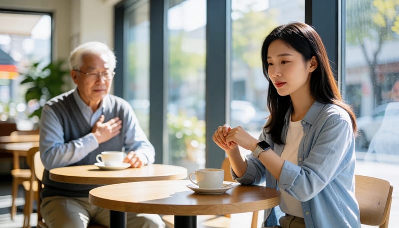 카페에서 20대 여성과 60대 남성이 각각 손 떨림과 가슴 두근거림을 겪는 모습
