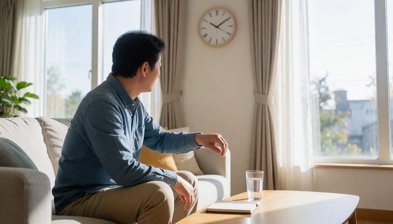 집에서 손목 맥박을 짚어보며 스스로 상태를 확인하는 남성