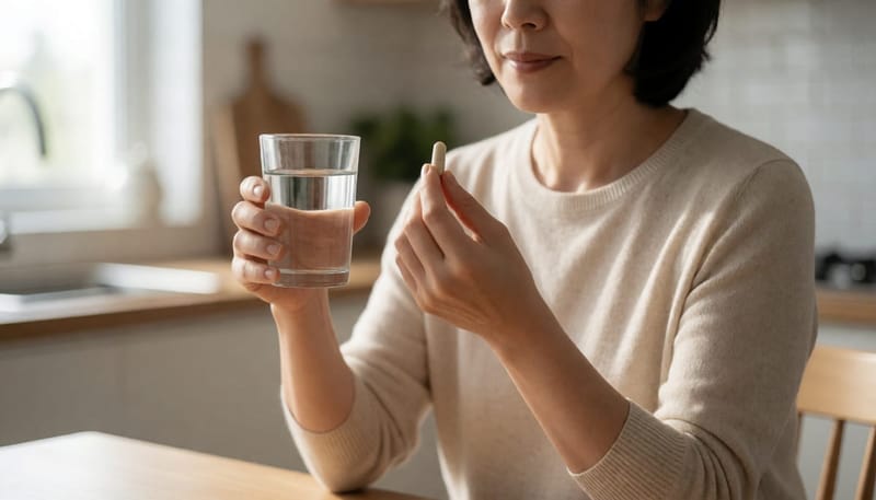 약 캡슐을 물과 함께 복용하기 전 고민하는 여성