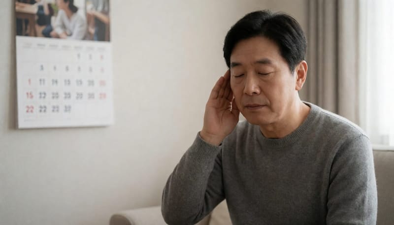 이명 증상을 느끼며 귀를 짚고 있는 남성