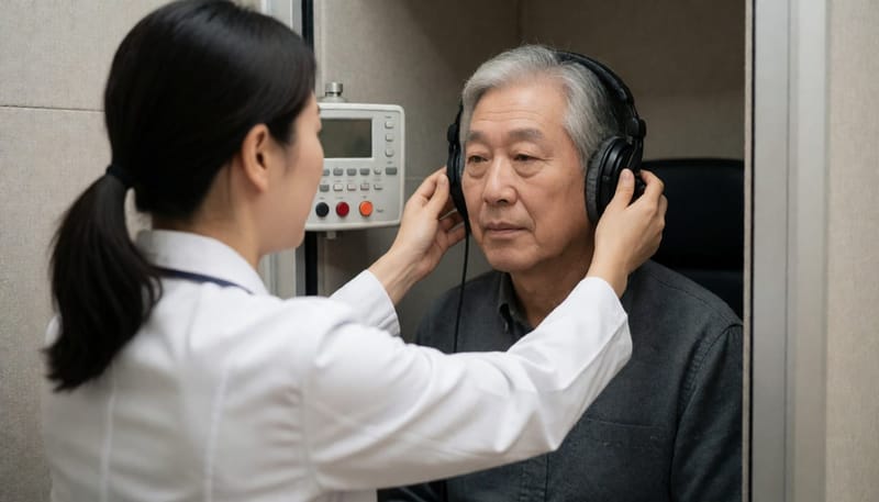 청력 검사 부스에서 이명 원인을 진단받는 남성