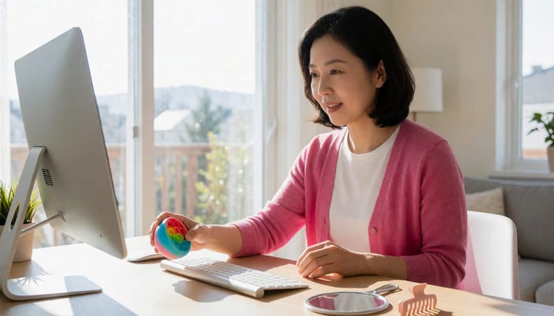손을 머리 대신 다른 물건으로 돌리는 습관 교정 장면