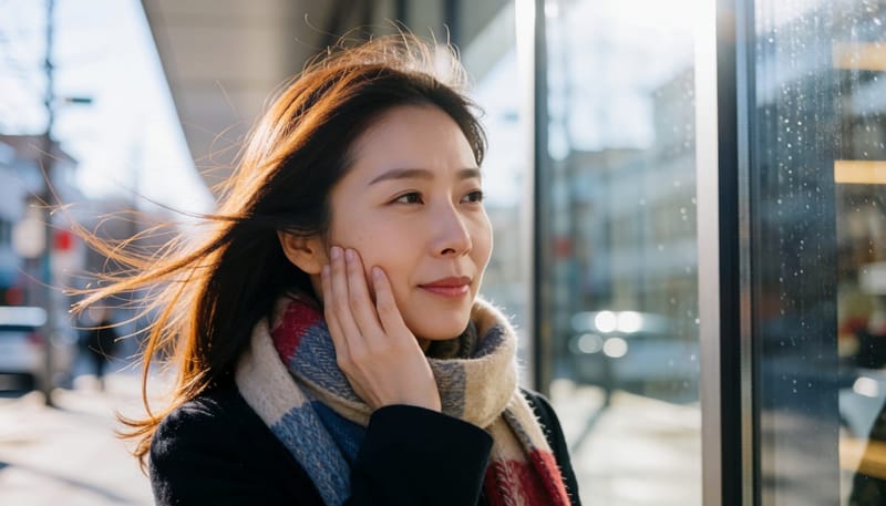 찬바람에 뺨을 감싸며 통증을 느끼는 여성