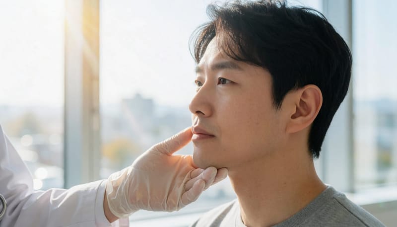 의사가 환자의 뺨과 턱 부위를 촉진하는 모습