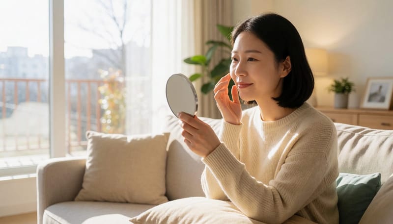 집에서 손거울을 보며 뺨을 만져보는 자가 체크 모습
