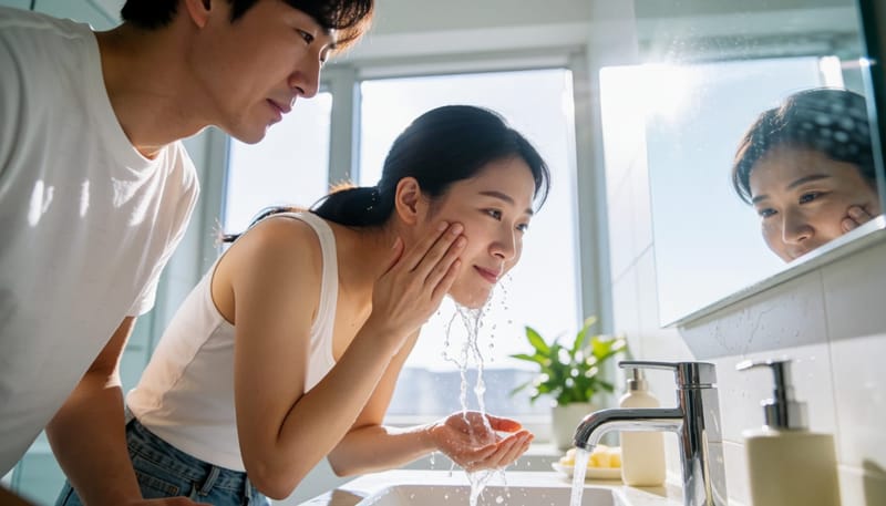 세수하다 뺨을 만지며 통증을 느끼는 아침 모습