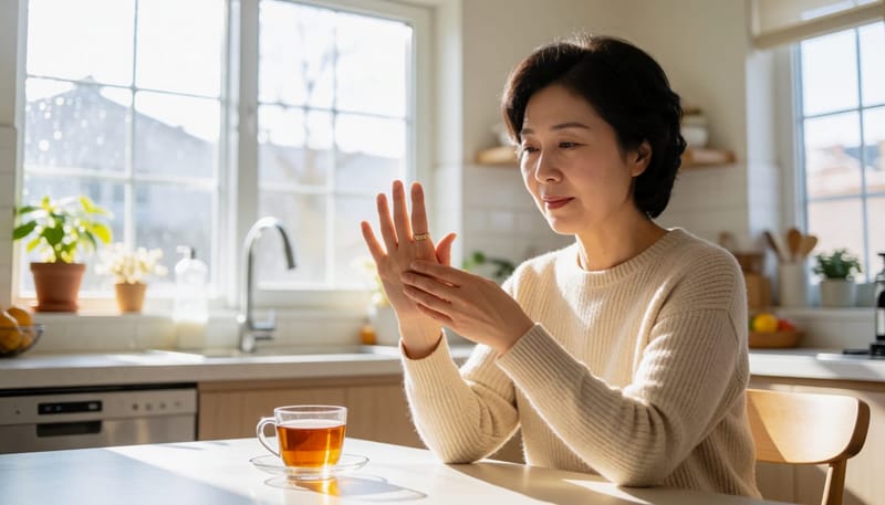 아침에 유독 한 손가락만 굽은 채 뻑뻑함을 살펴보는 여성