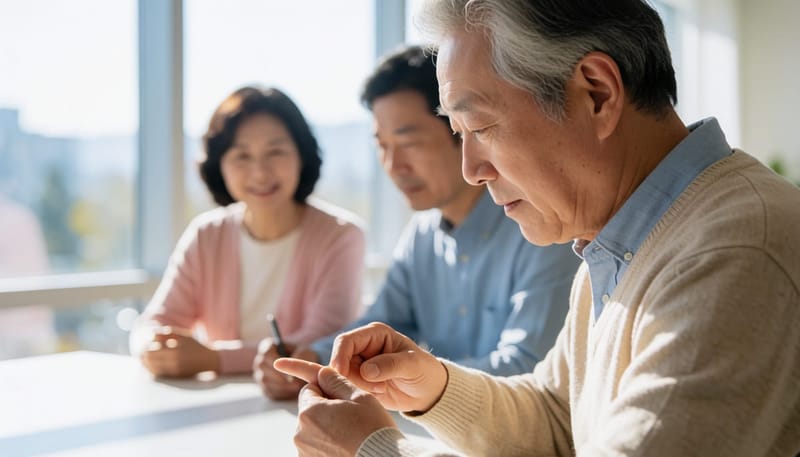 손가락 관절을 단계별로 천천히 움직여 상태를 확인하는 남성