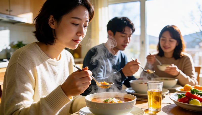뜨거운 국물을 먹다가 얼굴이 붉게 달아오른 여성의 옆모습