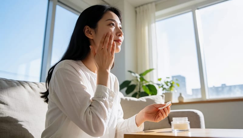 자신에게 맞는 진정 관리를 위해 크림을 바르는 여성