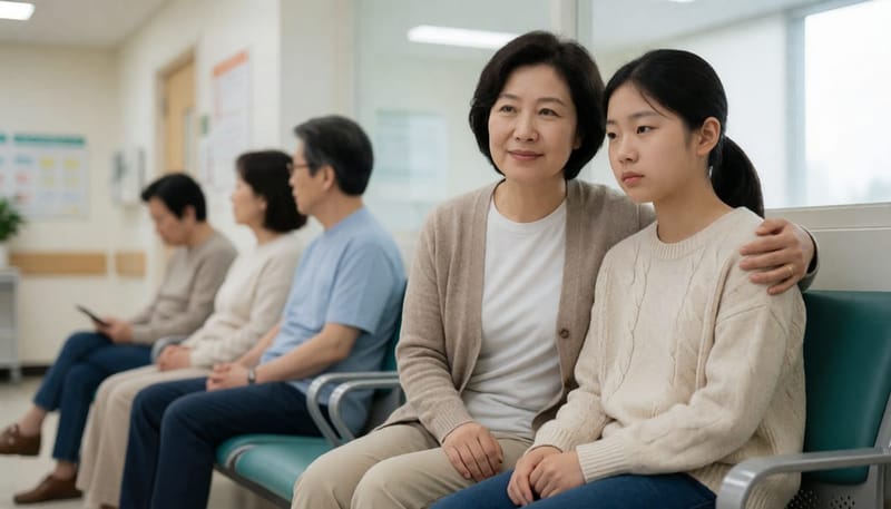 병원 대기실에서 딸을 안심시키는 어머니의 모습