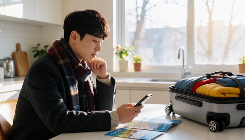 수능을 마친 수험생이 집에서 겨울 여행 준비를 하며 고민하는 모습