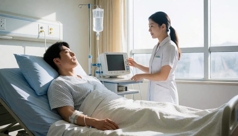 장티푸스 치료 시기를 놓쳐 병원에서 입원 치료를 받는 모습