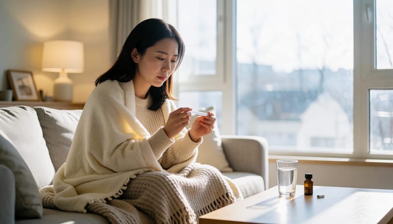미열과 피로감 등 장티푸스 초기 증상을 겪는 여성의 모습