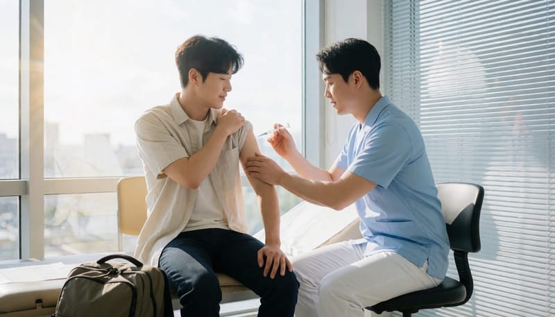 여행 일정에 맞춰 병원에서 장티푸스 예방접종을 받는 모습