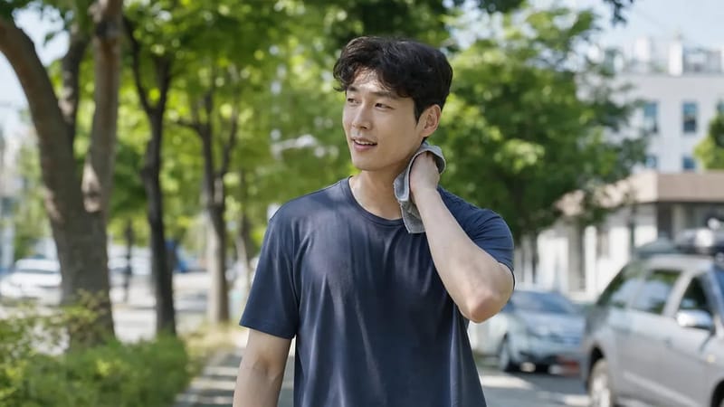 무더운 여름철 거리에서 땀을 닦아내며 걷는 모습을 통해 겨드랑이 냄새 고민이 늘어나는 계절임을 보여줍니다.
