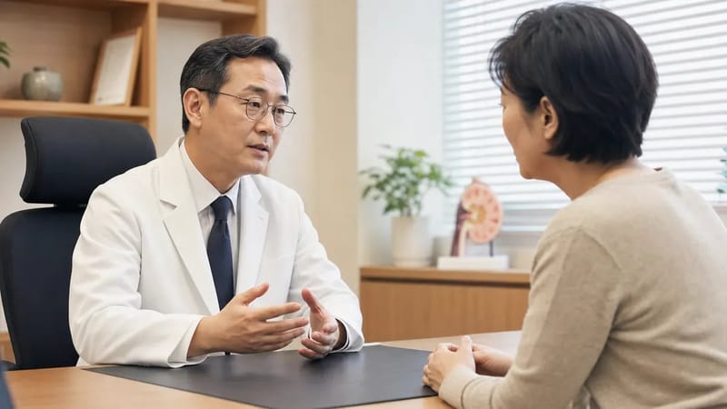 진료실에서 상담을 통해 치료 절차에 대한 설명을 듣는 장면을 보여줍니다.