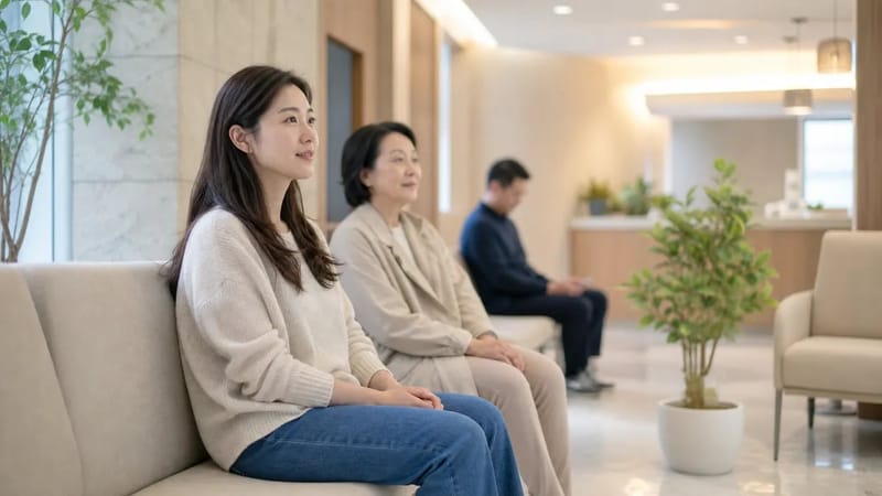 병원을 찾은 환자들이 대기 공간에서 차분히 순서를 기다리는 모습을 보여줍니다.
