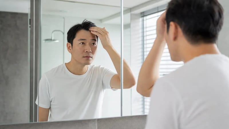 아침 거울 앞에서 넓어진 이마선을 살펴보며 고민하는 모습을 보여줍니다.