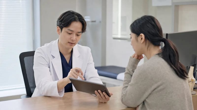 진료실에서 치료 방법에 대해 상담받는 모습을 담았습니다.