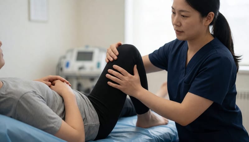 물리치료사가 환자의 무릎 관절 움직임을 살펴보며 치료하는 모습