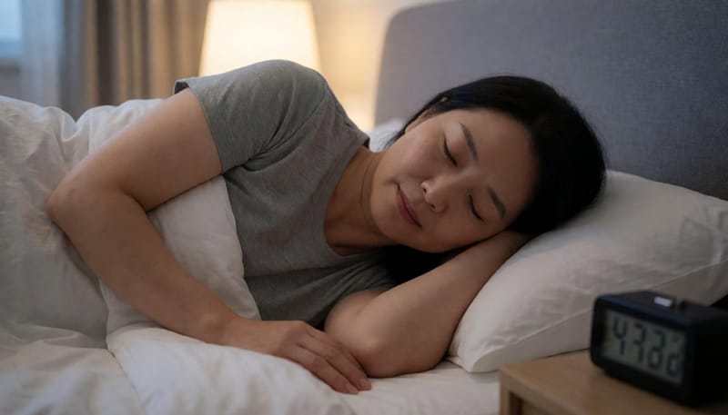 팔베개 자세로 잠든 여성과 시간이 흐르는 침실 풍경