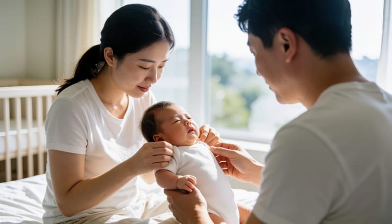 엄마가 신생아 배꼽을 조심스럽게 살펴보는 모습
