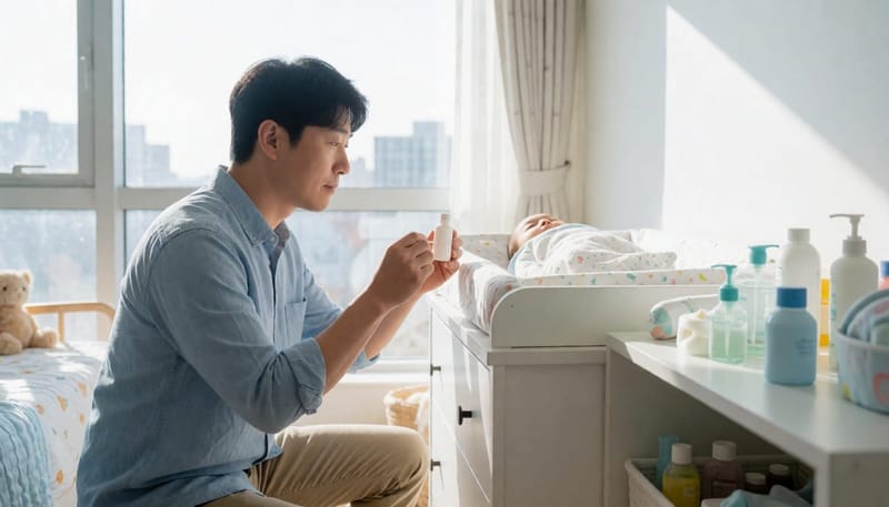 아빠가 소독 전 잠시 고민하는 모습
