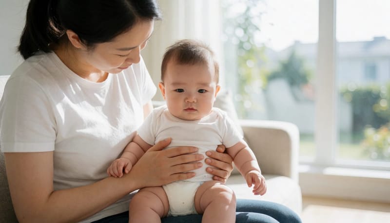 우는 아기의 배꼽 부위를 살펴보는 엄마