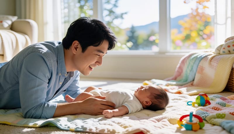 편안하게 누워 있는 아기의 배 부위, 자연스러운 성장 과정을 보여주는 장면