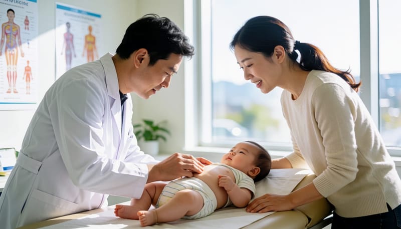 개월 수에 맞춰 아기의 배 상태를 진찰하는 소아과 의사와 지켜보는 엄마