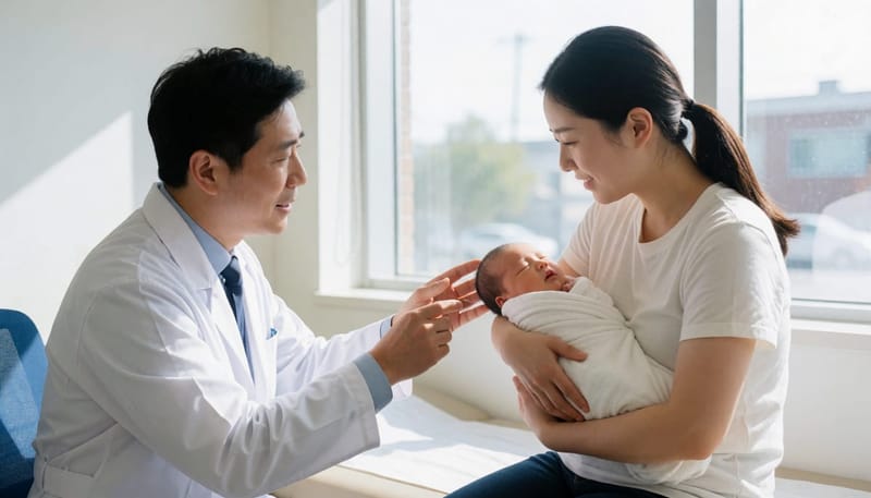신생아를 안은 어머니와 소아과 의사가 진료실에서 상담하는 모습