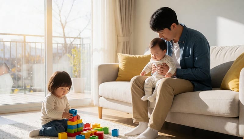 영유아 월령별 차이를 보여주는 가정 내 아버지와 아기, 유아의 모습