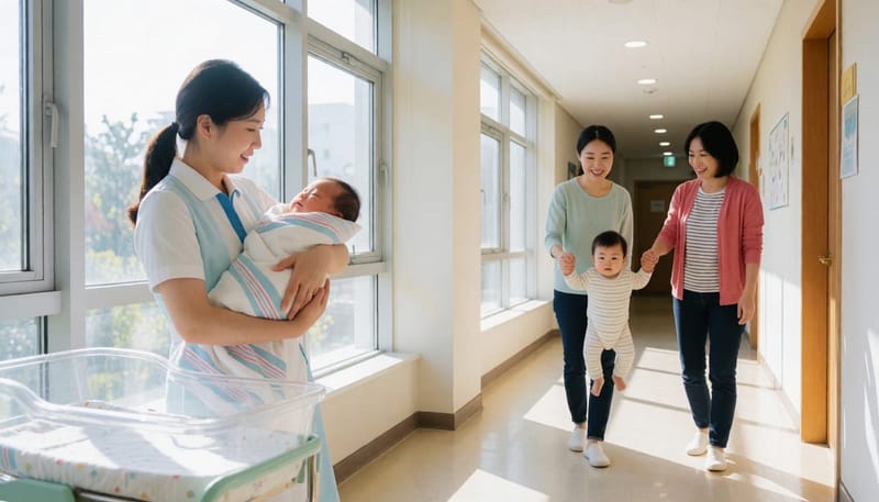 생후 6개월 전후 아기의 모습을 대비적으로 보여주는 병원 복도 장면