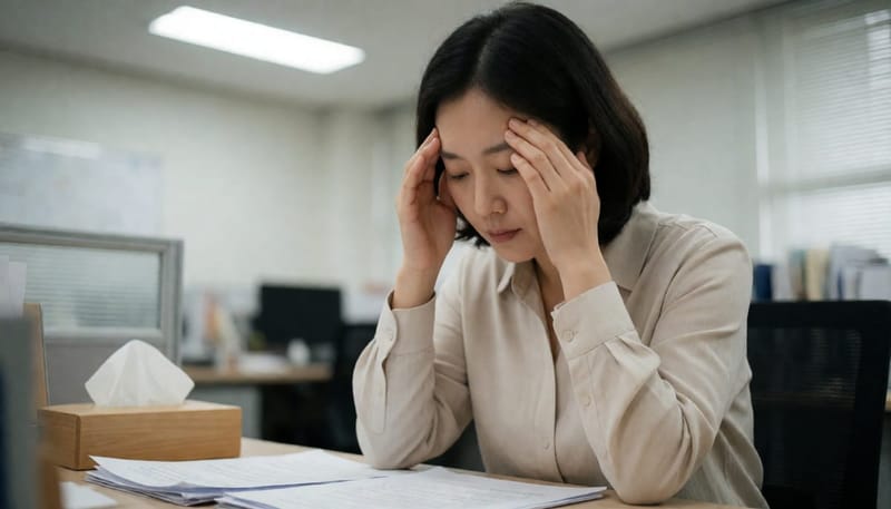 책상에서 짜증과 피로가 겹쳐 관자놀이를 누르는 직장인 여성