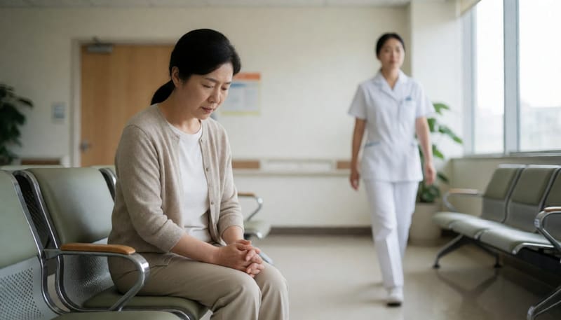 병원 대기실에서 걱정스러운 표정으로 앉아있는 중년 여성