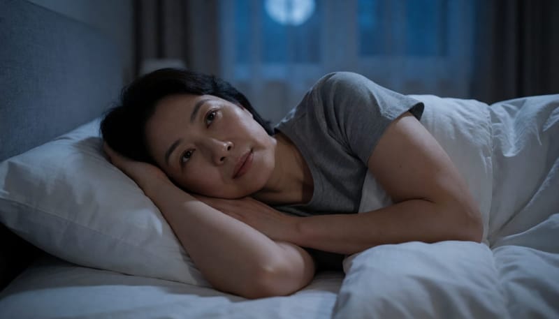밤에 잠들지 못하고 천장을 바라보는 여성의 모습
