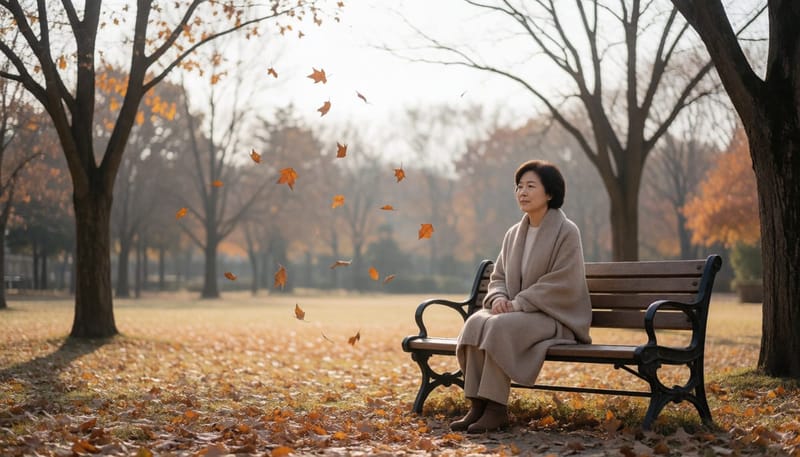 가을 공원 벤치에서 지친 표정으로 홀로 앉아있는 여성