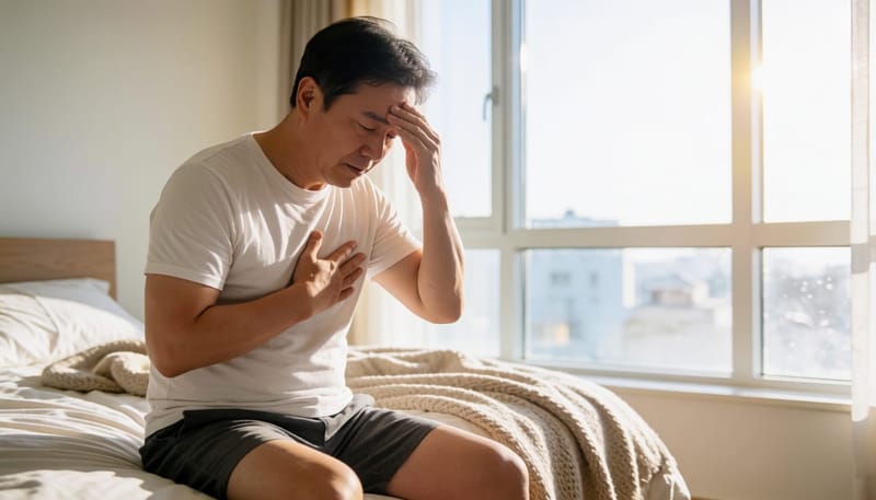 이른 아침 침대에 걸터앉아 어지러움과 속 불편함을 동시에 느끼는 남성