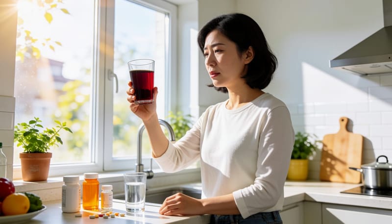 검붉은 액체가 담긴 컵을 살펴보며 걱정스러운 표정을 짓는 여성