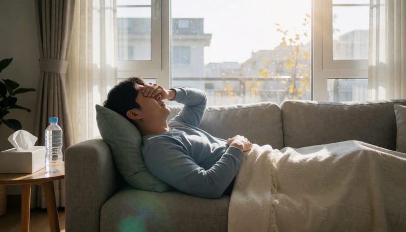 소파에 누워 점점 심해지는 증상으로 괴로워하는 남성