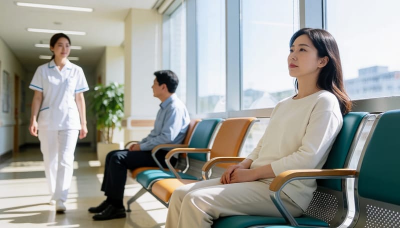 병원 대기실 의자에 창백한 얼굴로 힘없이 기대앉은 여성