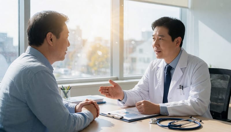 진료실에서 의사가 환자에게 상황을 설명하는 상담 장면