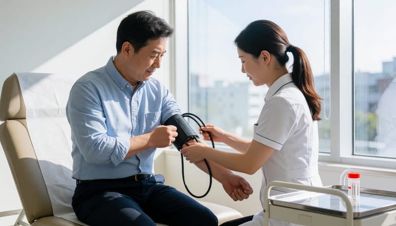 병원에서 혈액 검사를 받기 위해 준비하는 중년 남성