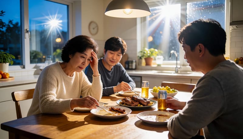 야식과 술자리 후 피곤해하는 중년 여성