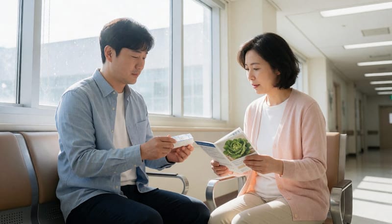 식단 자료와 약통을 함께 들고 상담을 기다리는 모습