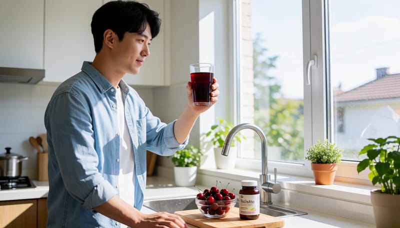 체리주스와 영양제를 살펴보는 남성